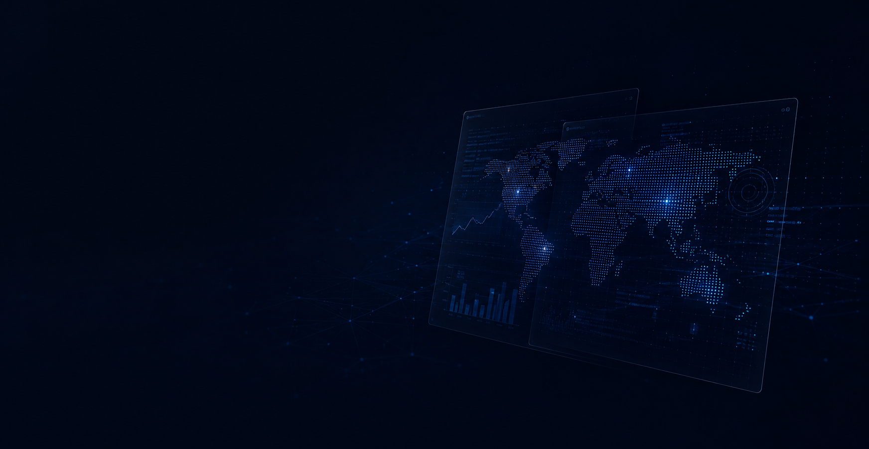 Digital globe displaying world map with data charts and graphs on a dark background.