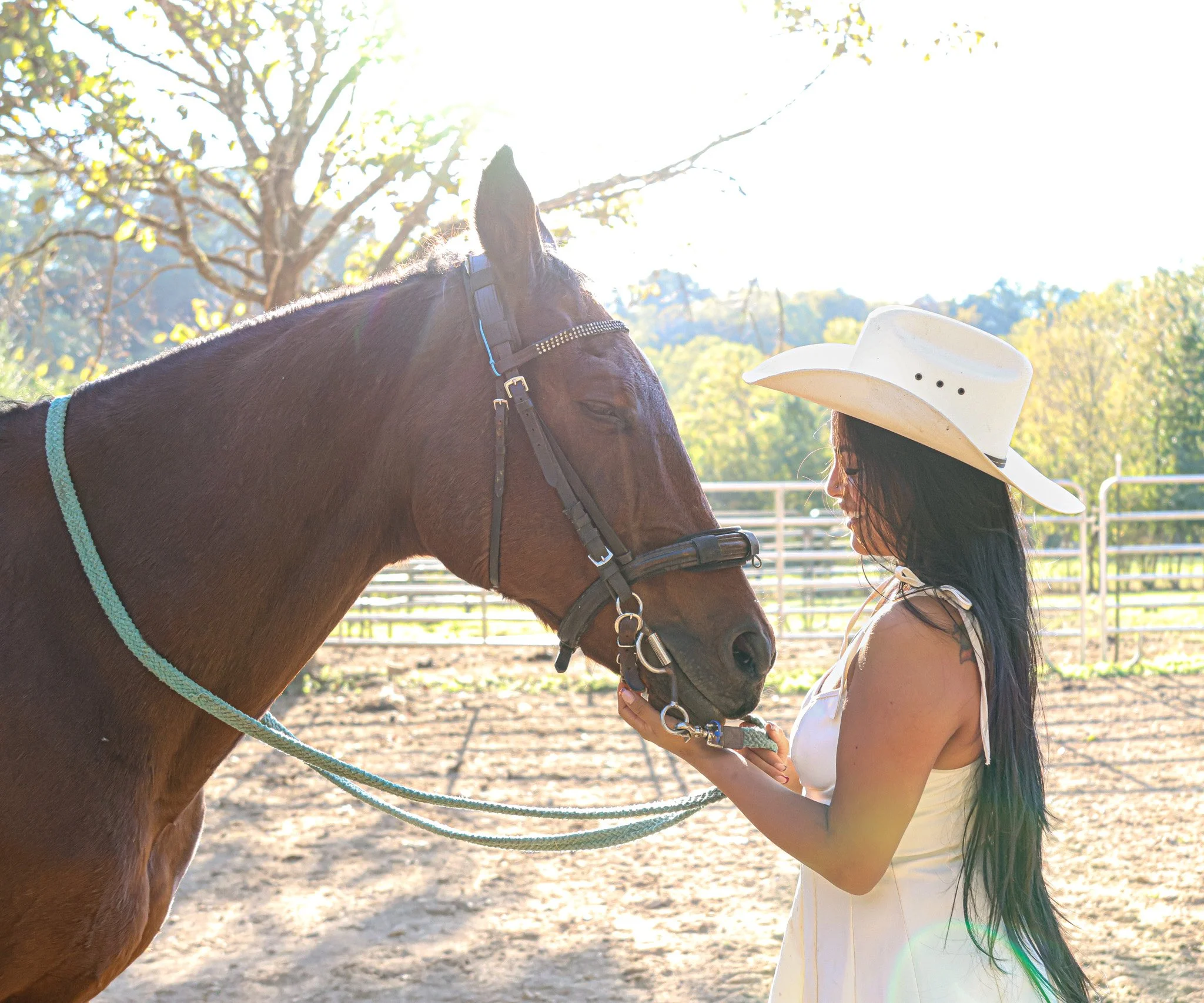 A woman with long dark hair wearing a white cowboy hat and yellow dress gently holds a brown horse's face, both with their eyes closed, in a sunlit outdoor setting with trees and a fenced paddock in the background.