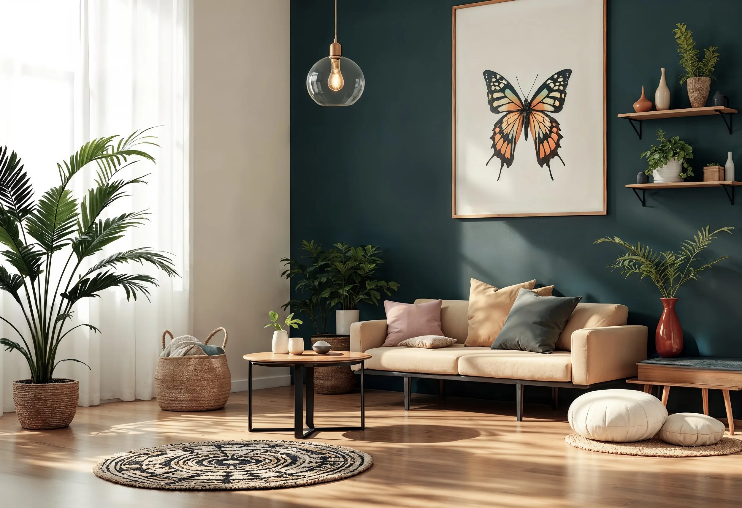 Living room with a beige sofa decorated with pastel and dark pillows, a round beige pouf, a black and wood coffee table, green potted plants, a basket with blankets, a patterned rug, and wall shelves with decorative items, sunlight coming through whi