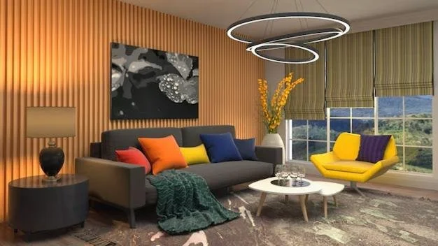 Modern living room with a black sofa, colorful pillows, a yellow armchair with a purple pillow, a round white coffee table, a side table with a lamp, artwork on the wall, large windows with green blinds, and circular ceiling lights.