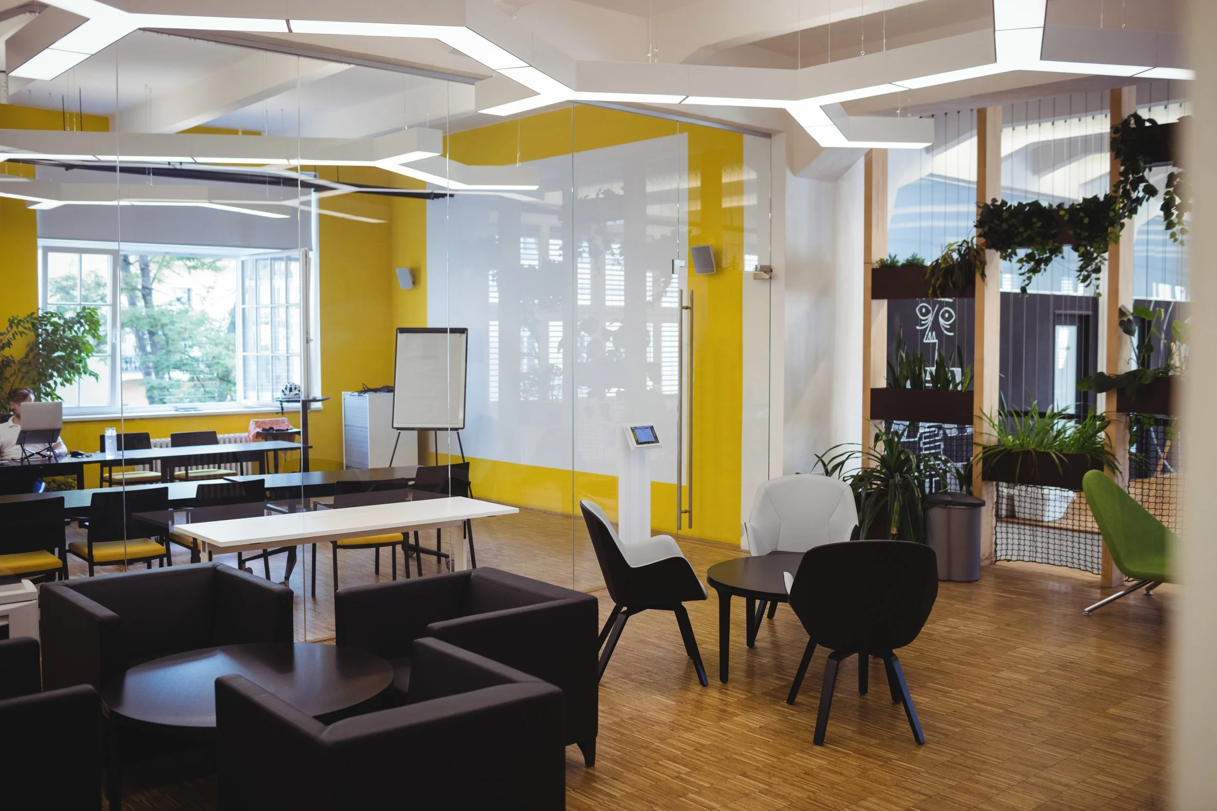 Modern office space with yellow accent wall, large windows, black chairs, white table, green plants, and decorative partition.
