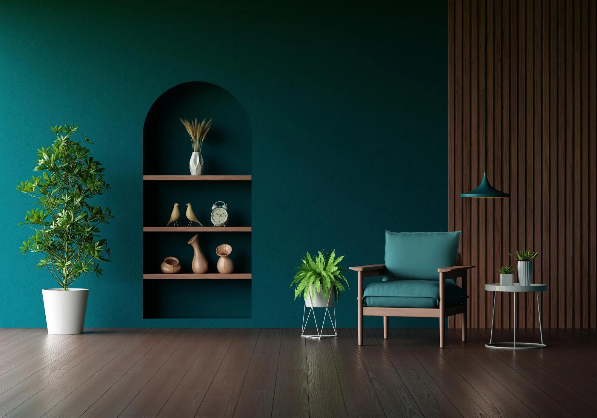 Modern interior room with teal walls, a wooden arched shelf with decorative items, potted plants, an armchair, and a hanging pendant light.