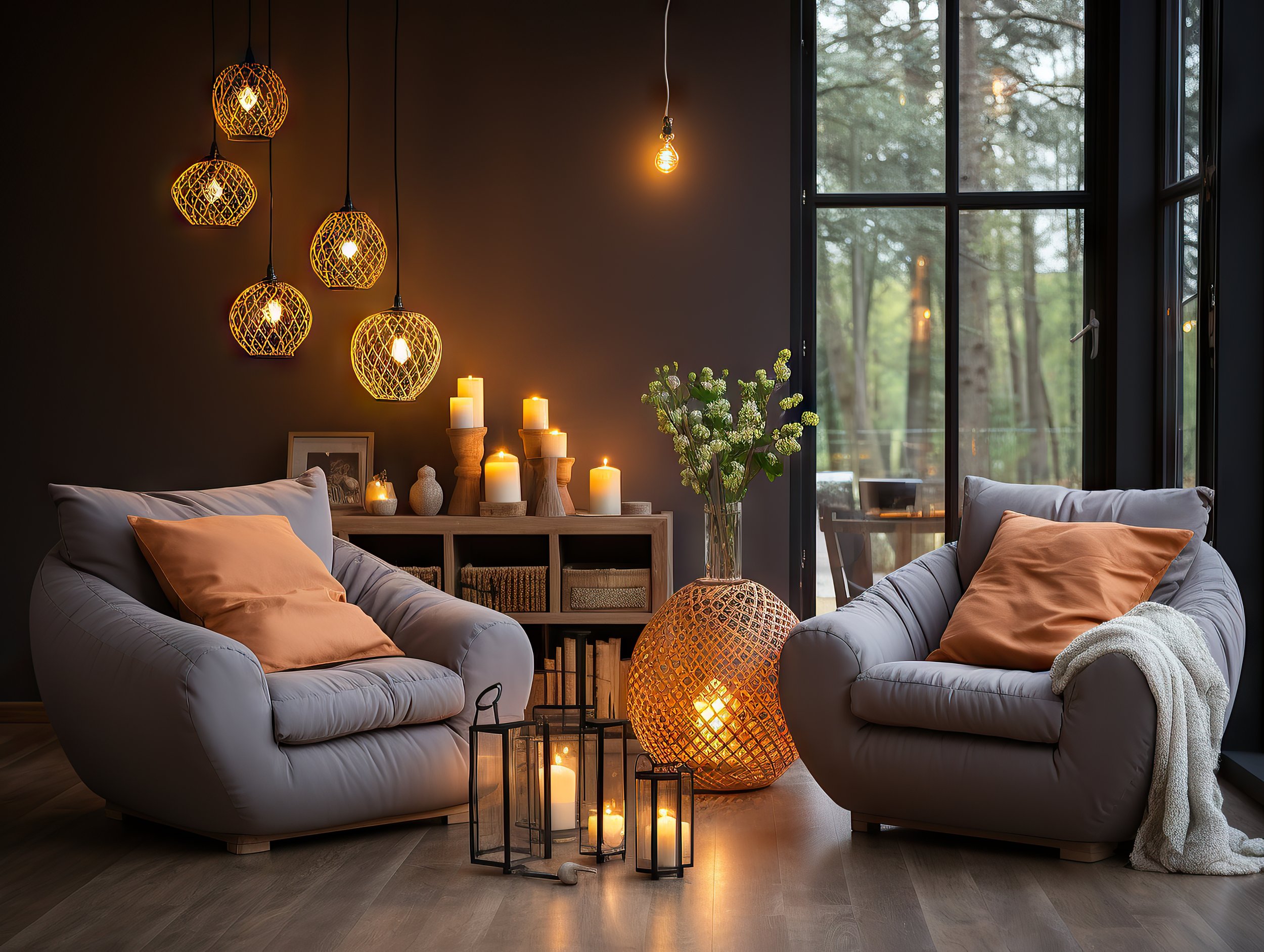 Cozy living room with two white armchairs with orange pillows, surrounded by candles and hanging lights, with a large window showing a forest outside.