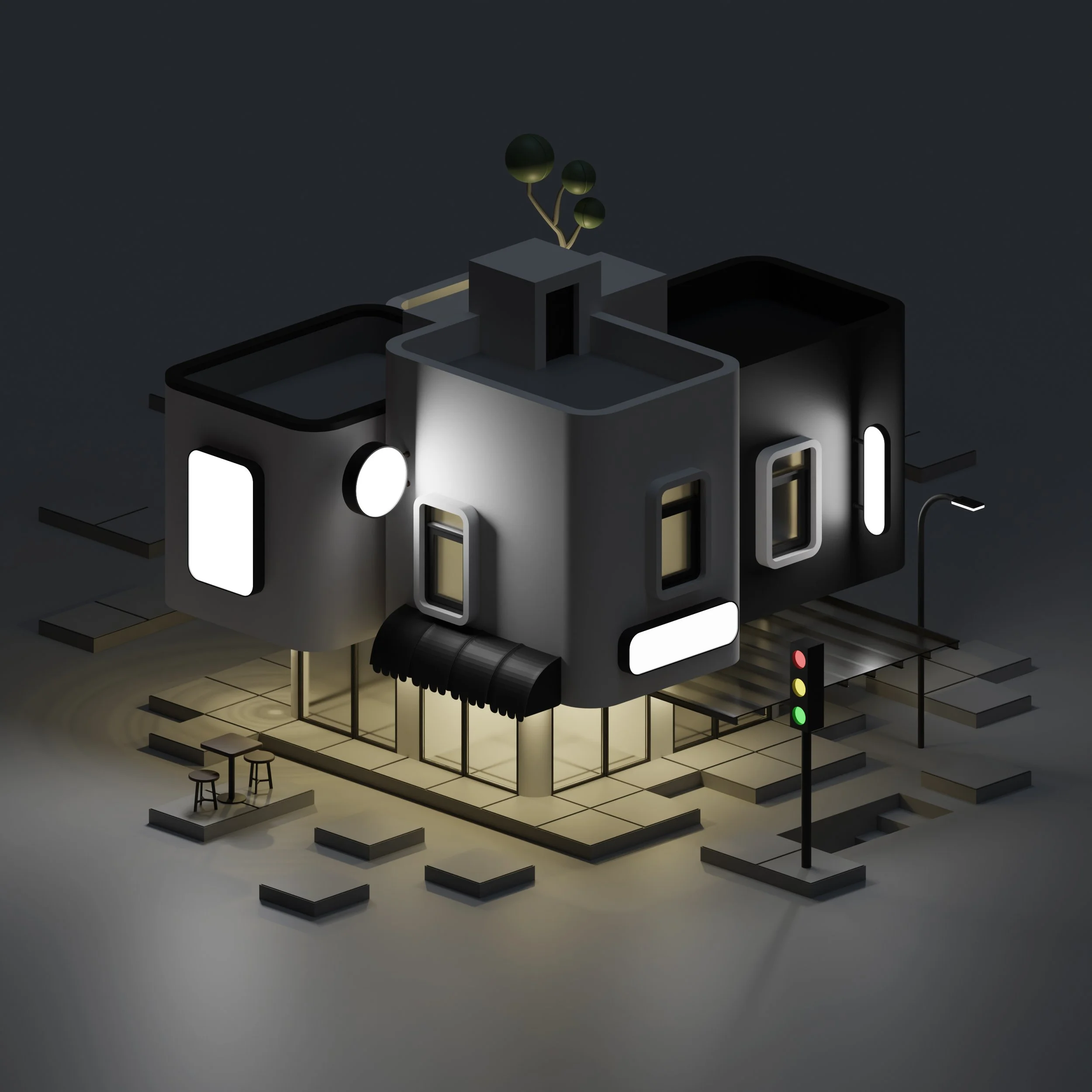 A modern, minimalist, 3D-rendered building at night with illuminated windows, a small outdoor seating area, and a traffic light showing red, yellow, and green lights.