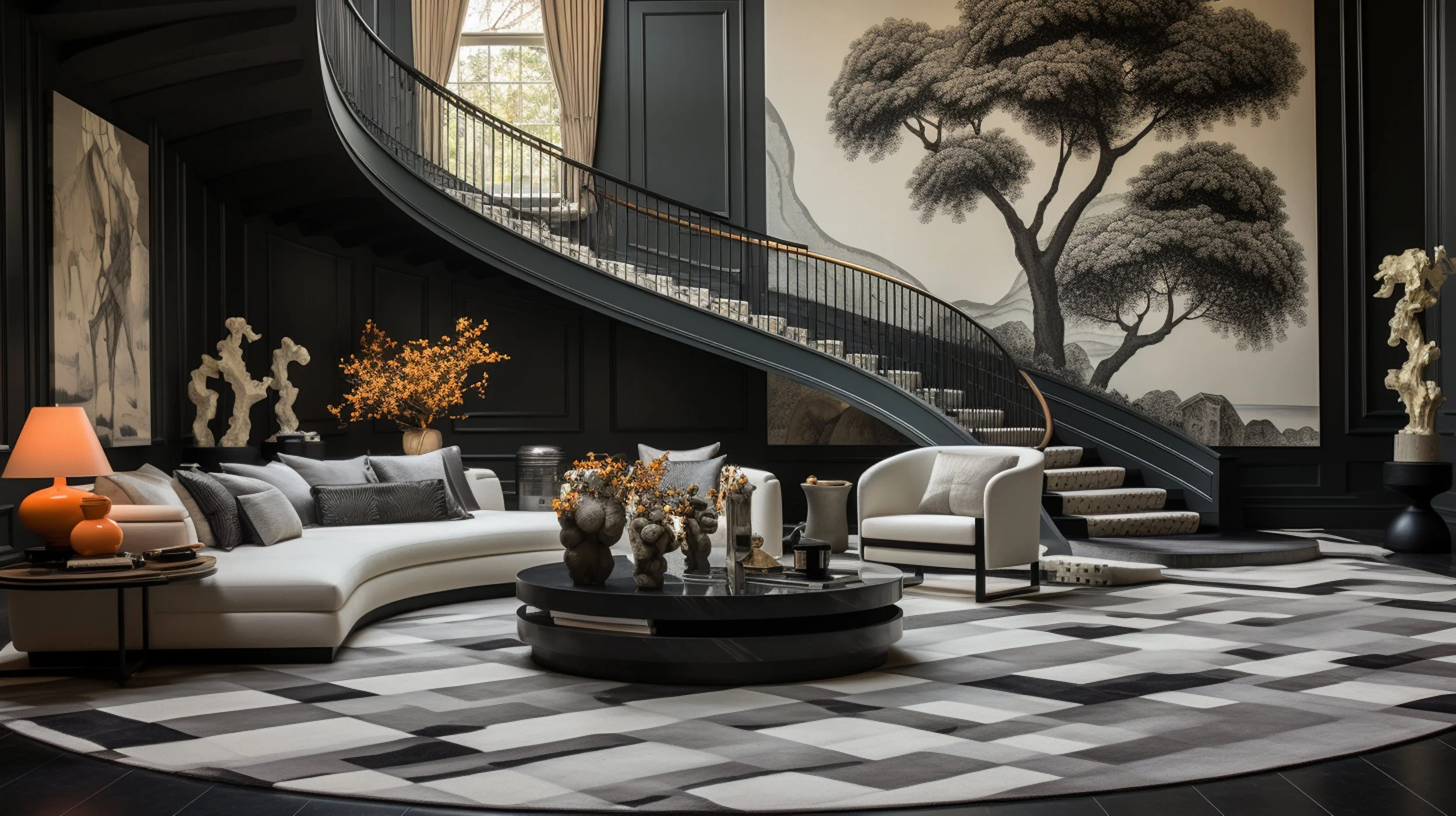 Luxury living room with black and white color scheme, featuring a curved white sofa, white armchair, black circular coffee table with decorative vases and flowers, striped rug, ornate sculptures, a black staircase with a curved railing, and a large w
