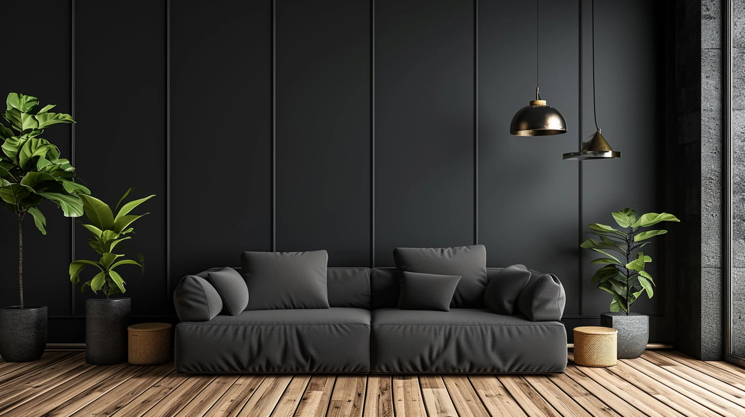 Modern living room with dark gray sofa, black accent wall, two hanging pendant lights, green potted plants, and wooden flooring.