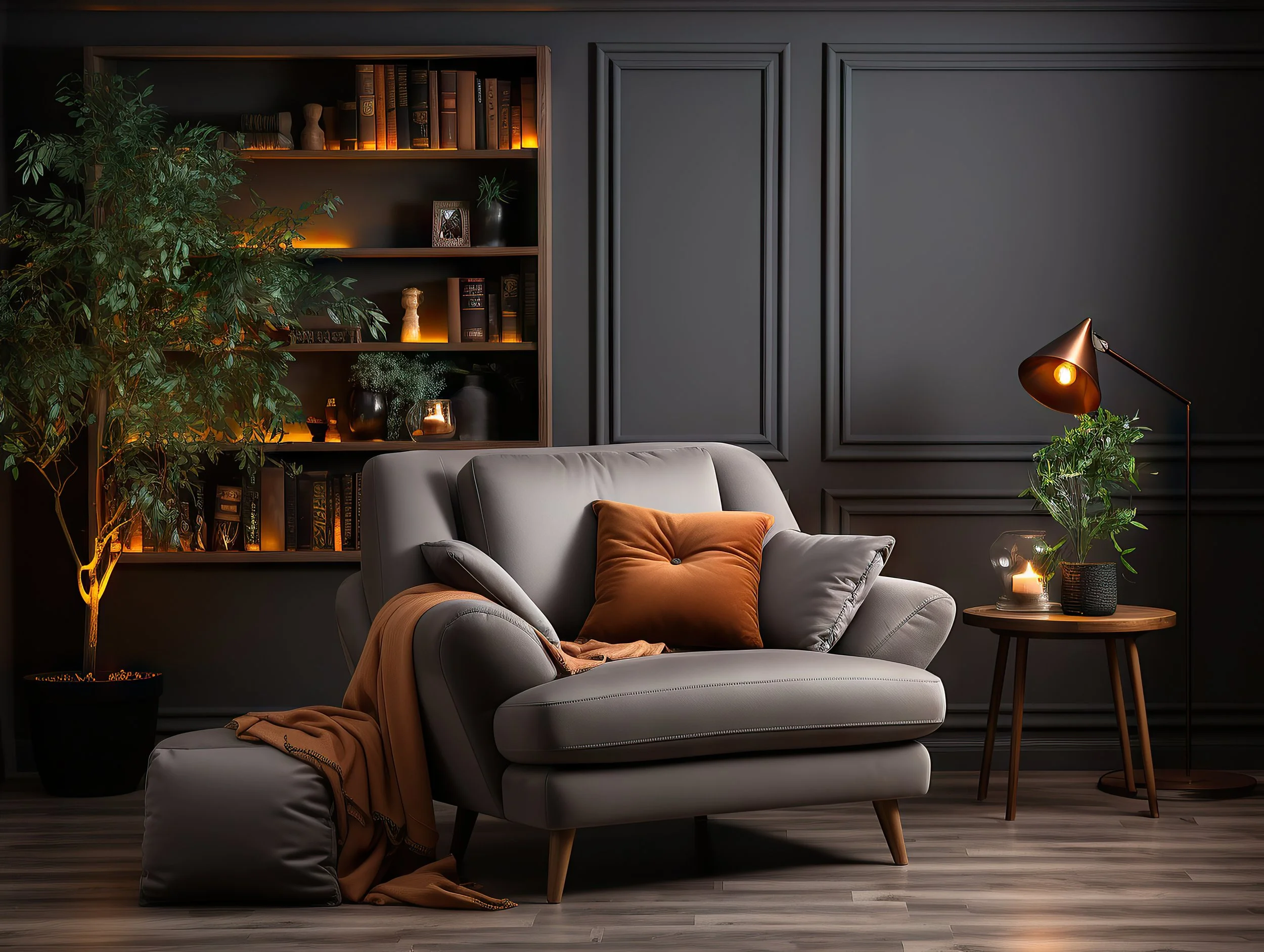 Contemporary living room with a gray sofa, cushions, a side table with a plant, a lamp, and a bookcase with decorative items, all set against dark paneled walls.