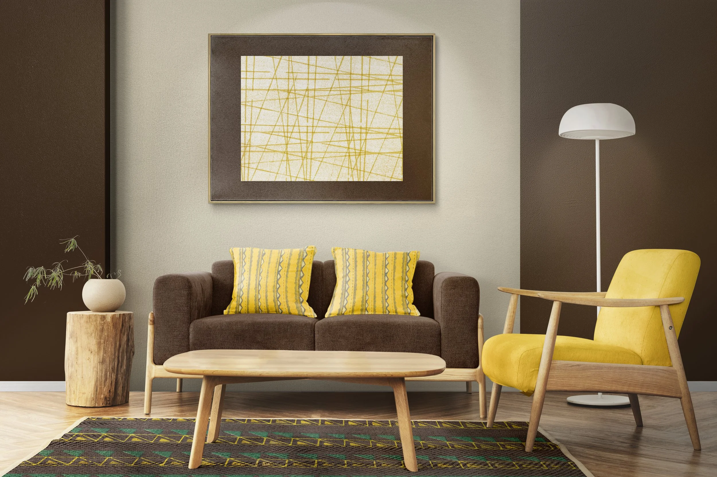Living room with a dark brown sofa, yellow pillows, a yellow armchair, a wooden coffee table, a white floor lamp, a wooden side table with a plant, and a large abstract painting on the wall.