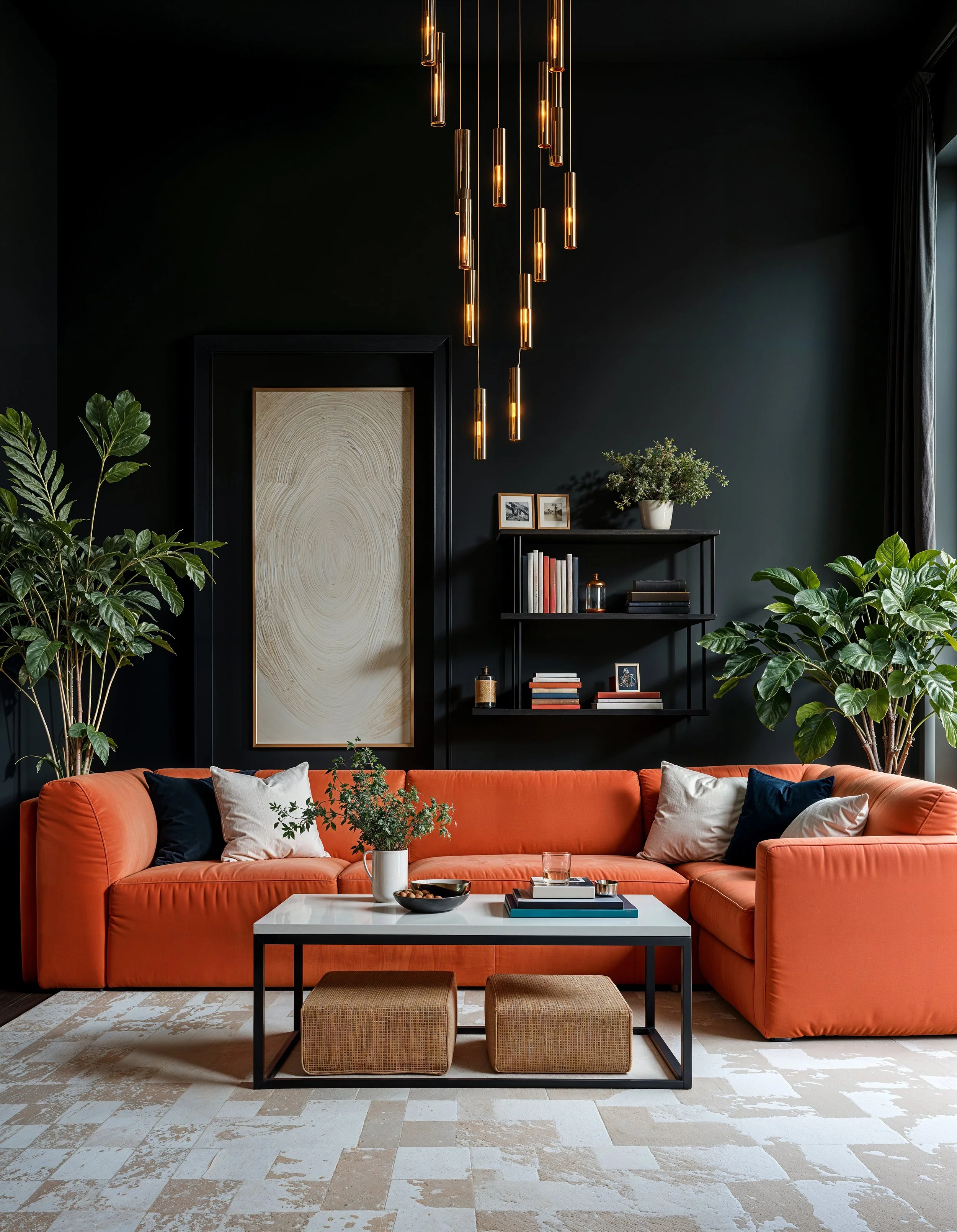 Modern living room with dark walls, orange sectional sofa, black coffee table, green plants, and yellow pendant lights.