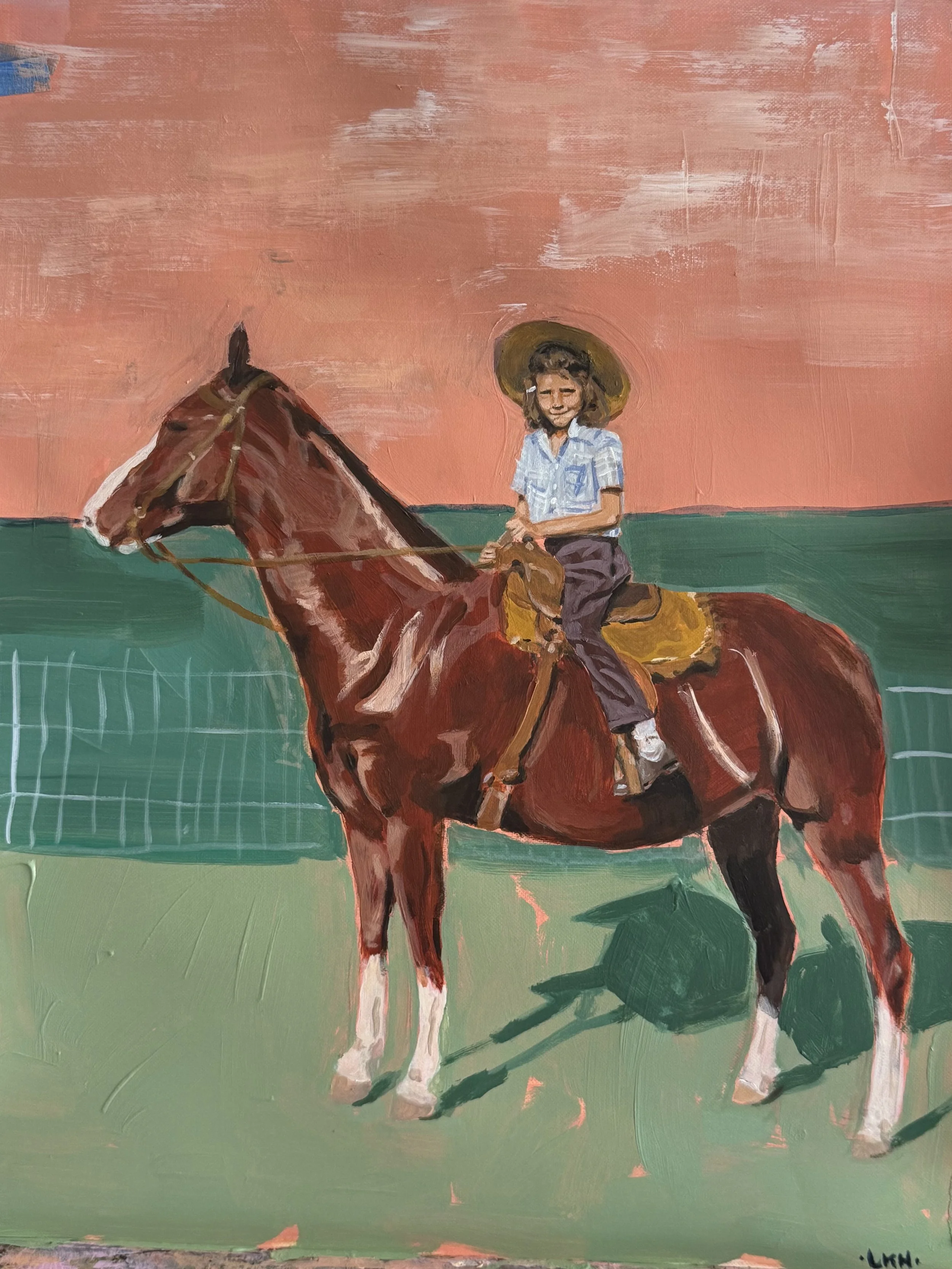 LOUANN ON HORSEBACK.
2025.
Acrylic on paper.
12x16in.