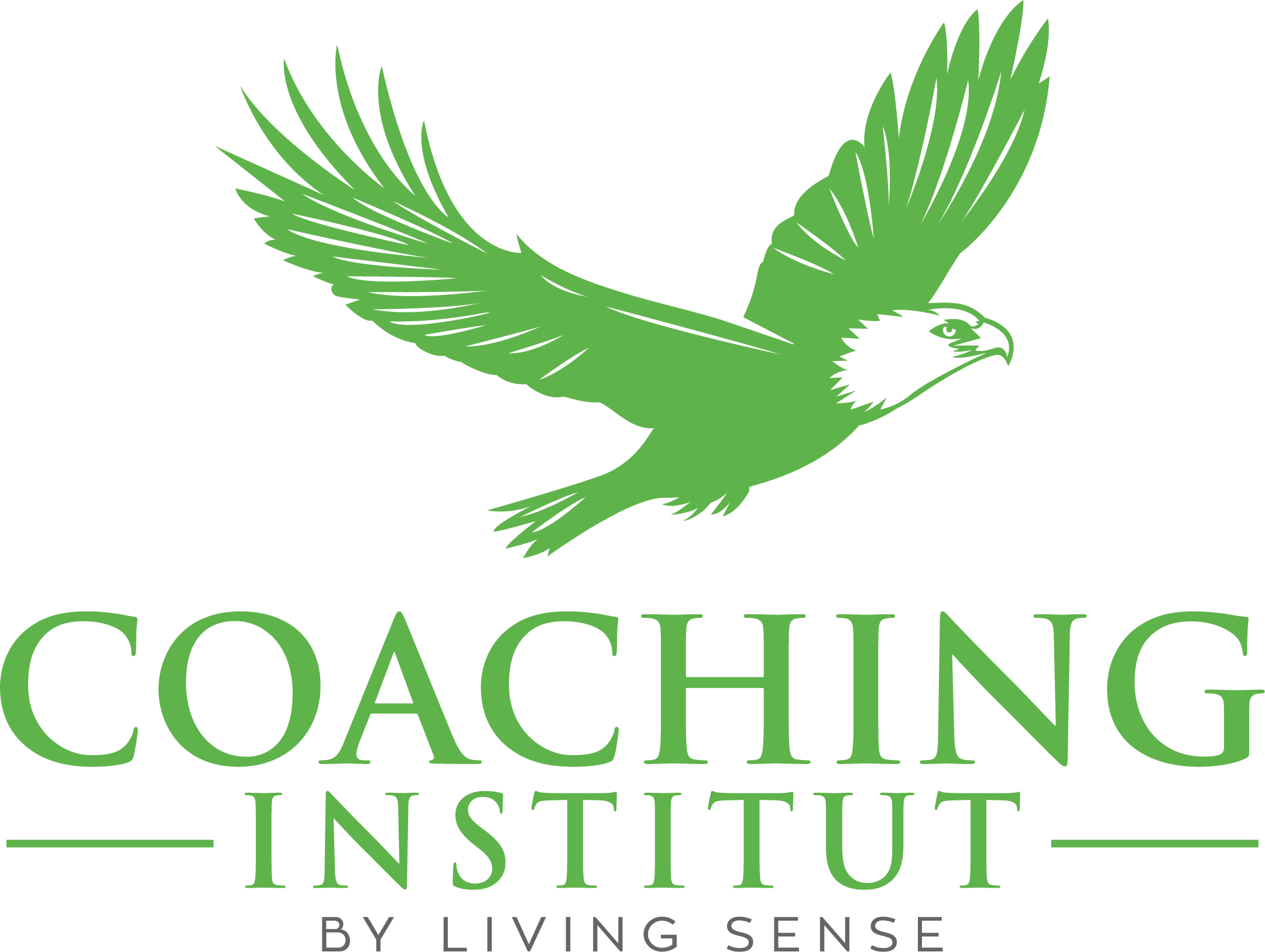 Grüner Vogel, der fliegt, über dem Text 'Coaching Institut by Living Sense'