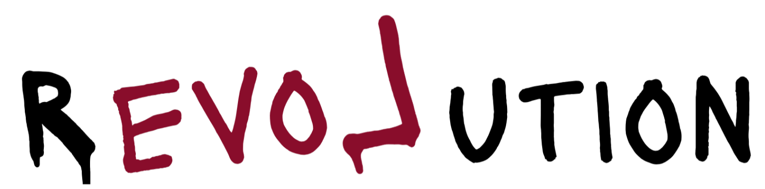 Handwritten text in red says "Revolution" with a red and black background.