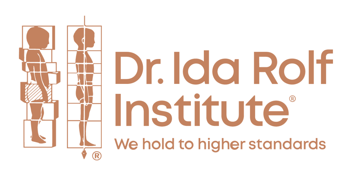 Logo for Dr. Ida Rolf Institute with stylized human body diagrams in a grid, along with the tagline 'We hold to higher standards'.