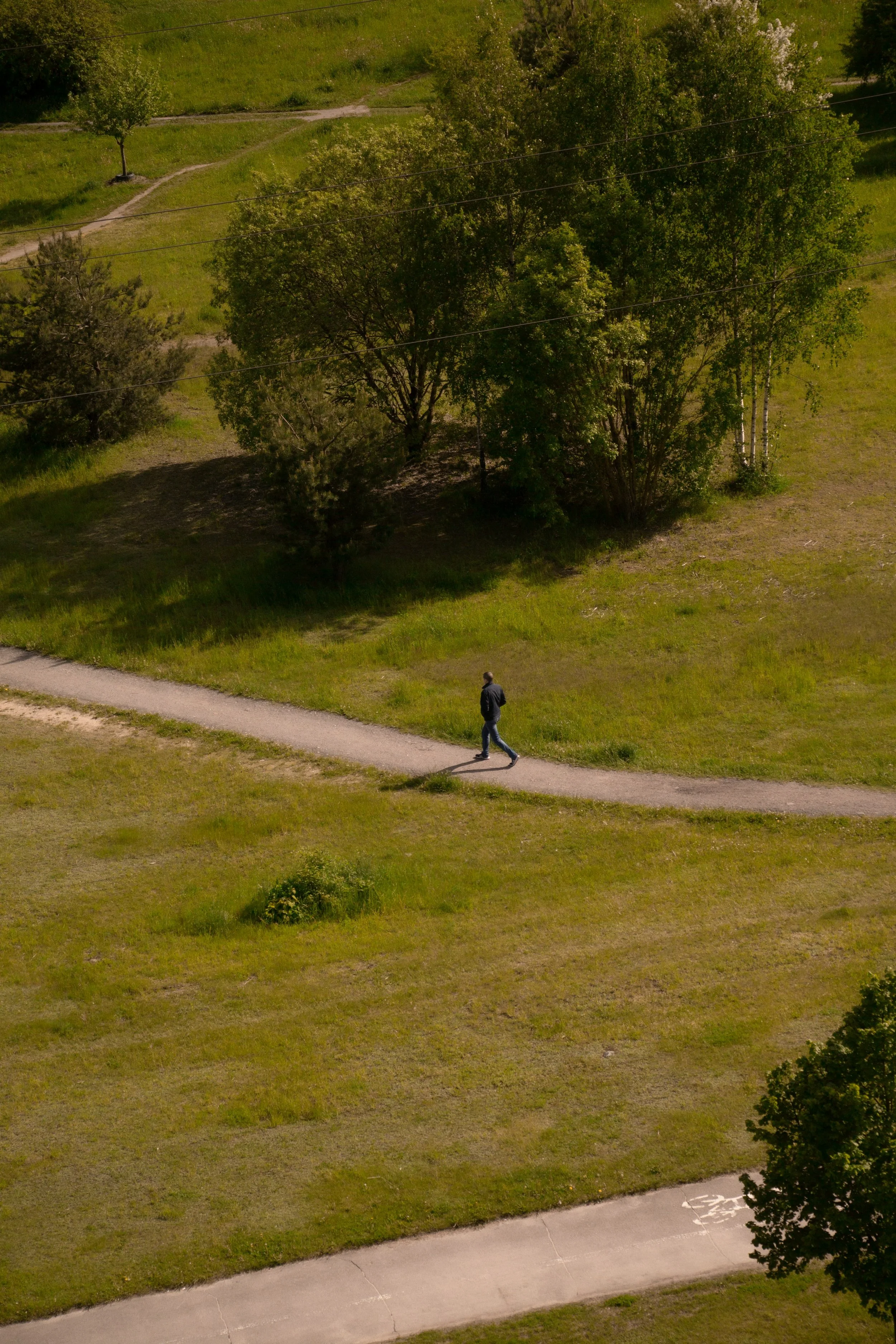 A person walking along a dirt path in a grassy park area with trees and a sidewalk visible in the scene.
