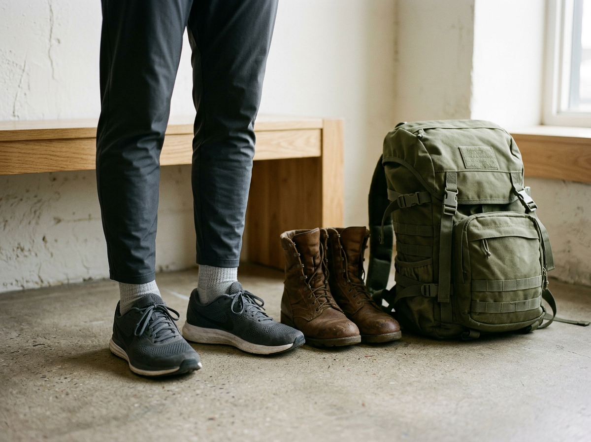 Person standing in a room equipped for hiking or camping, with a large green backpack, a pair of brown hiking boots, and black athletic shoes visible on the floor.