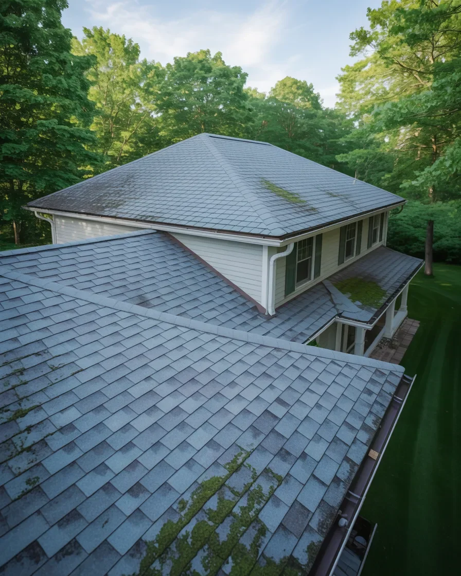Professionally cleaned roof soft wash result Northern Michigan home clean gray shingles no moss algae