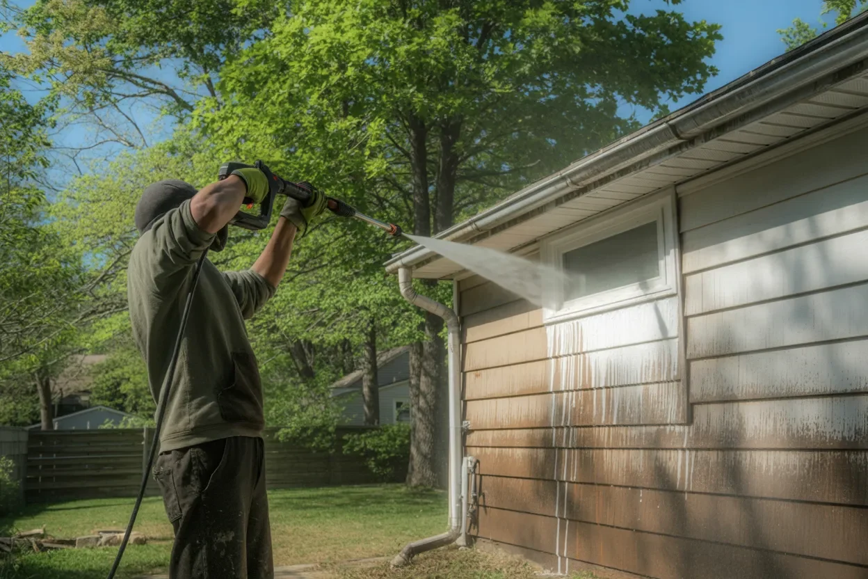 Power washing home exterior siding in Northern Michigan showing clean results