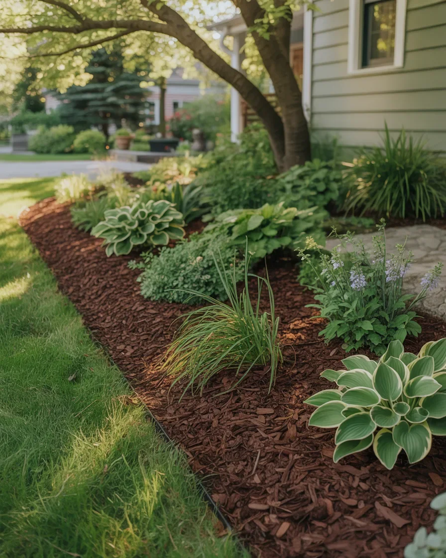 Fresh mulch installation garden bed Frankfort Michigan dark brown mulch clean edging shrubs spring