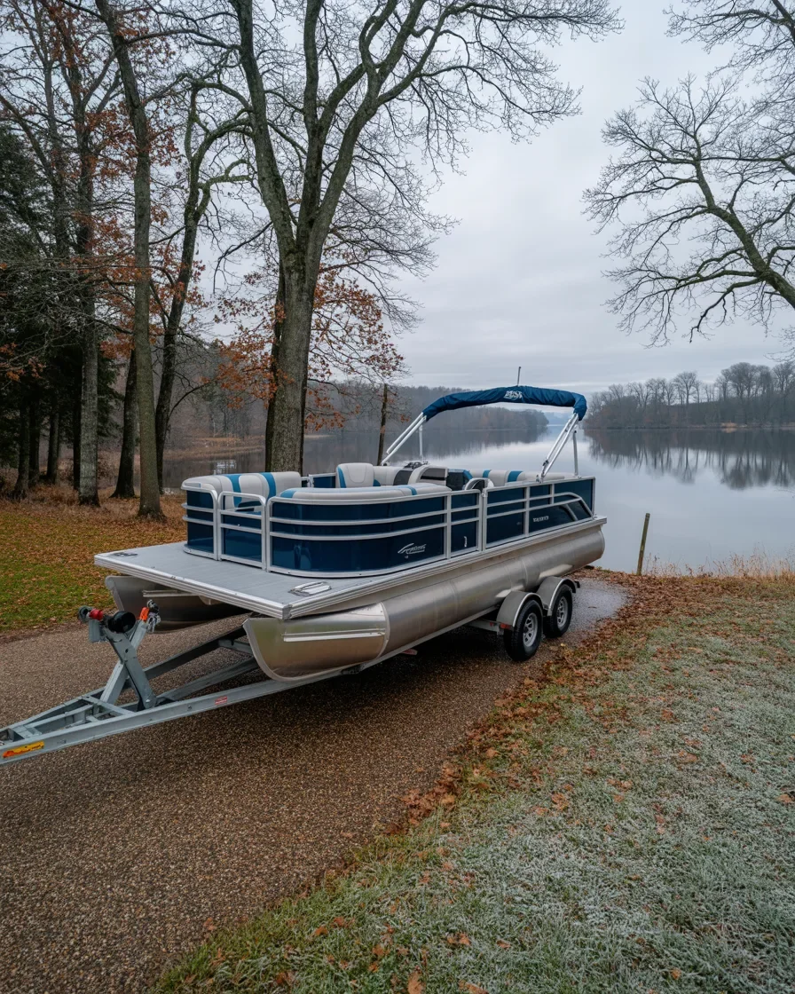 Pontoon boat seasonal storage Northern Michigan autumn lakeside property ready for winter