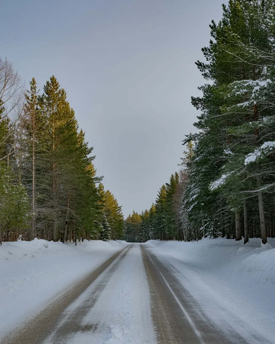 Northern Michigan winter road plowed cleared quiet morning pine trees rural Benzie County