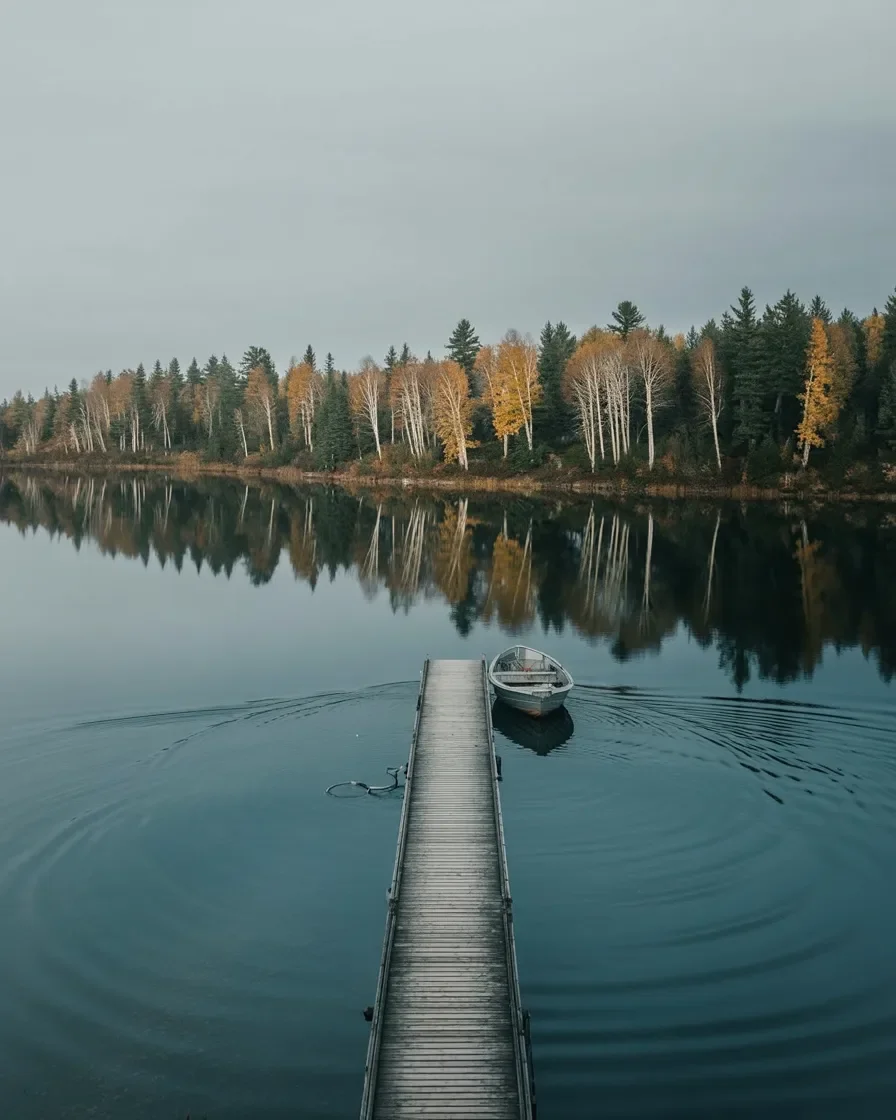 Northern Michigan lake dock with boat moored in calm autumn water before winter season