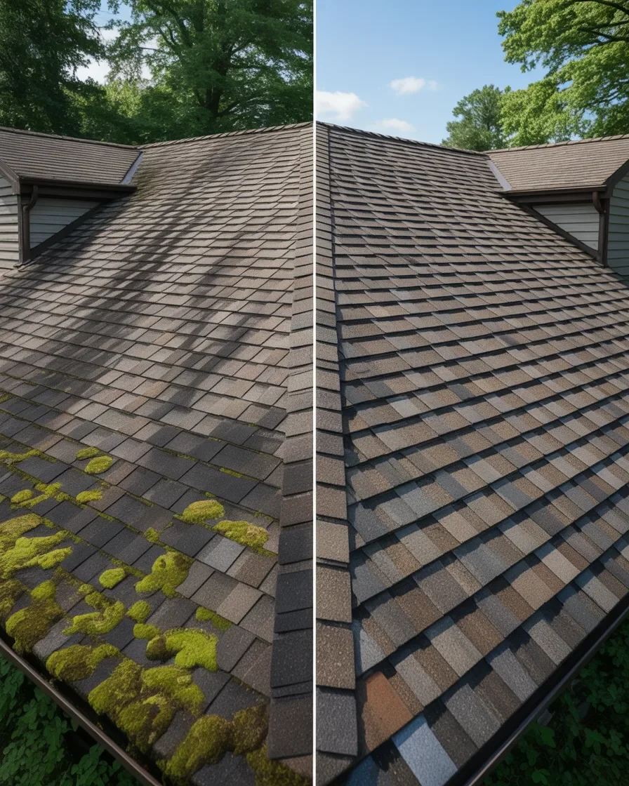 Roof before and after soft wash moss removal Benzie County Michigan clean shingles algae treated