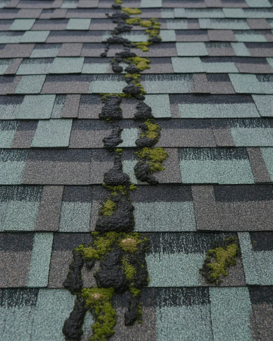 Roof moss and algae streaks Northern Michigan home before soft wash treatment asphalt shingles