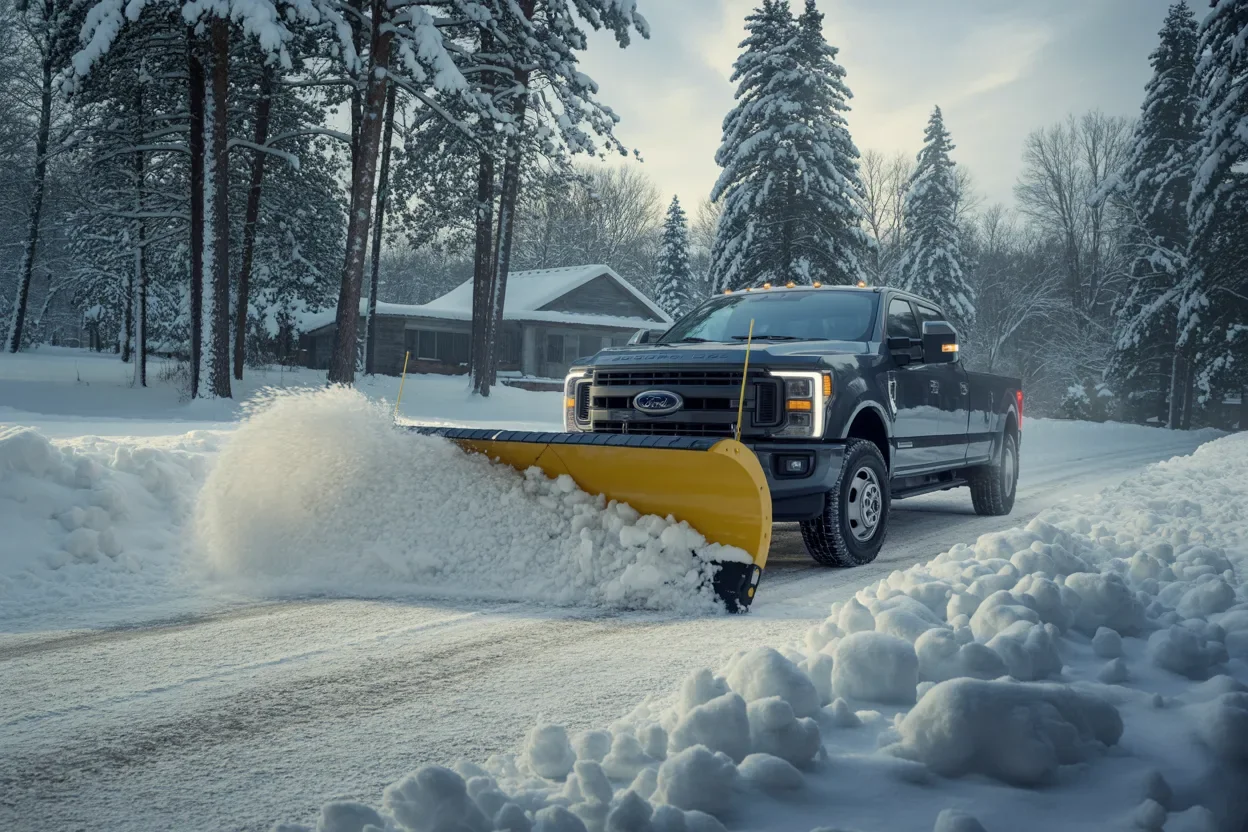 Snow plowing service clearing a residential driveway in Benzie County Michigan