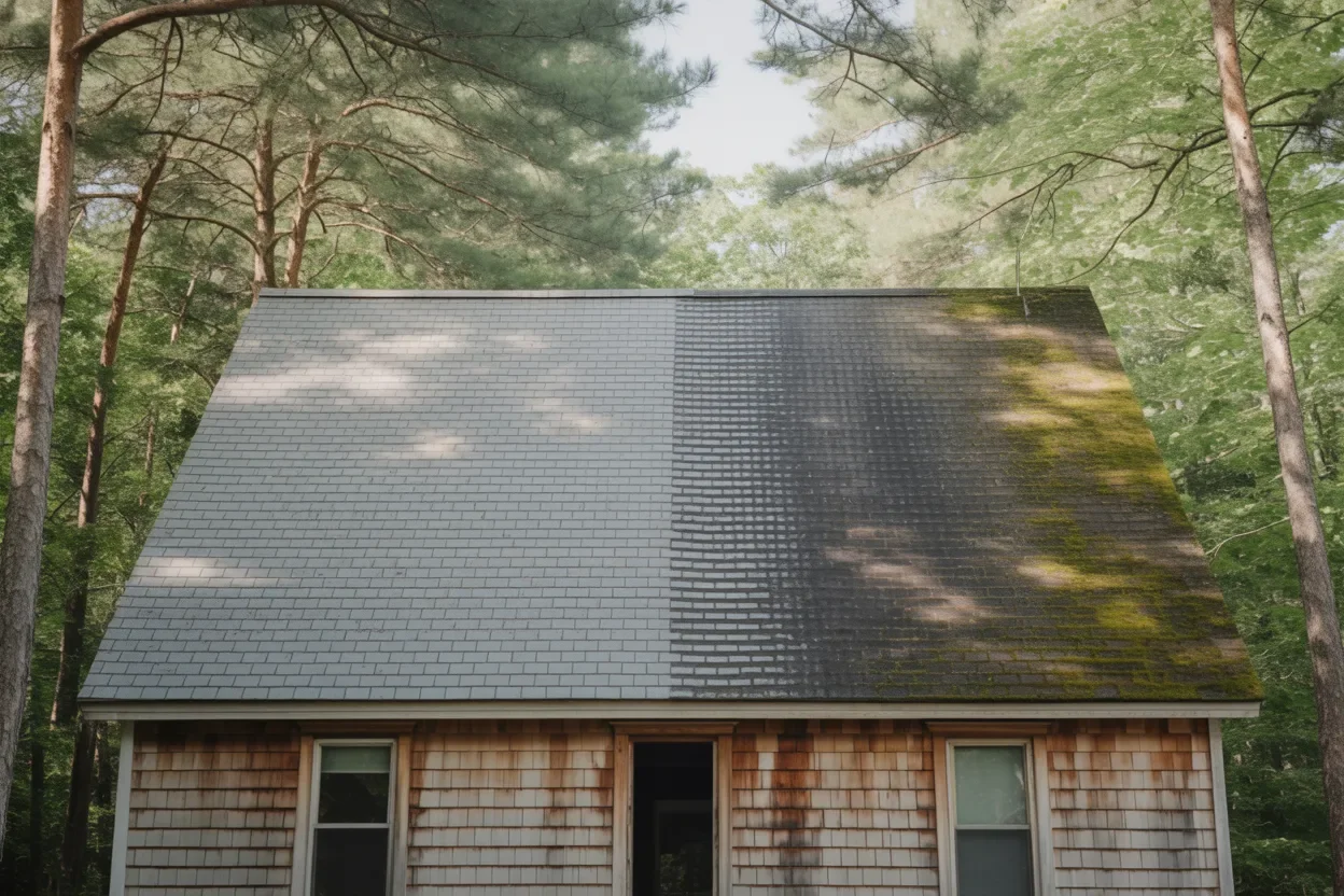 Roof soft wash and moss removal service on residential home in Frankfort Michigan