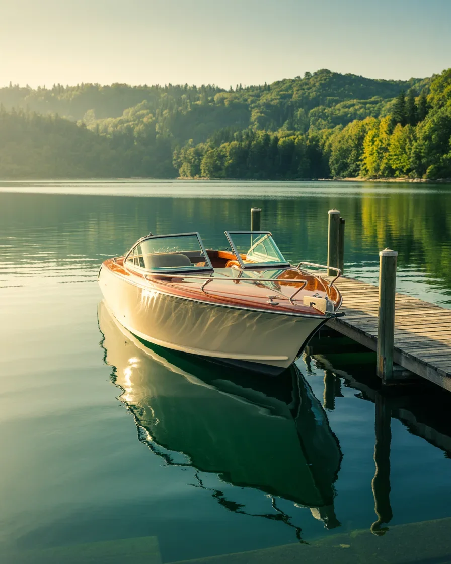 Boat at dock on Crystal Lake Frankfort Michigan well-maintained after professional winterization service