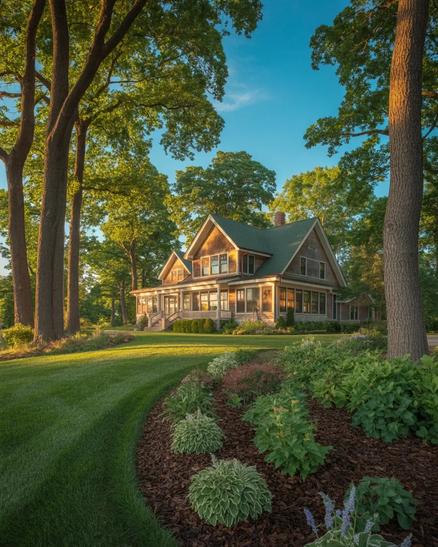 Northern Michigan home landscaping FAQ summer well maintained green lawn garden beds dark mulch