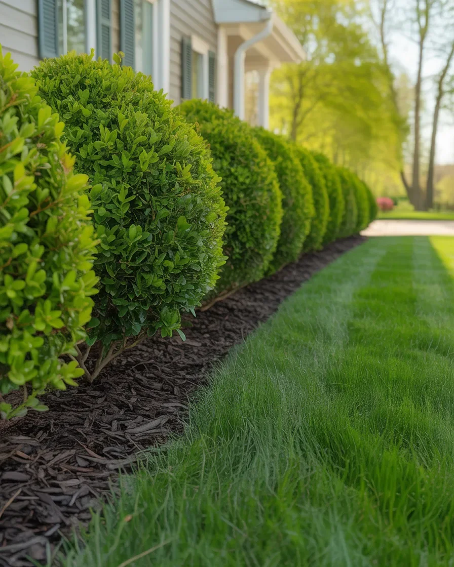 Shrub trimming service Northern Michigan home landscaping neatly trimmed green bushes clean shape spring