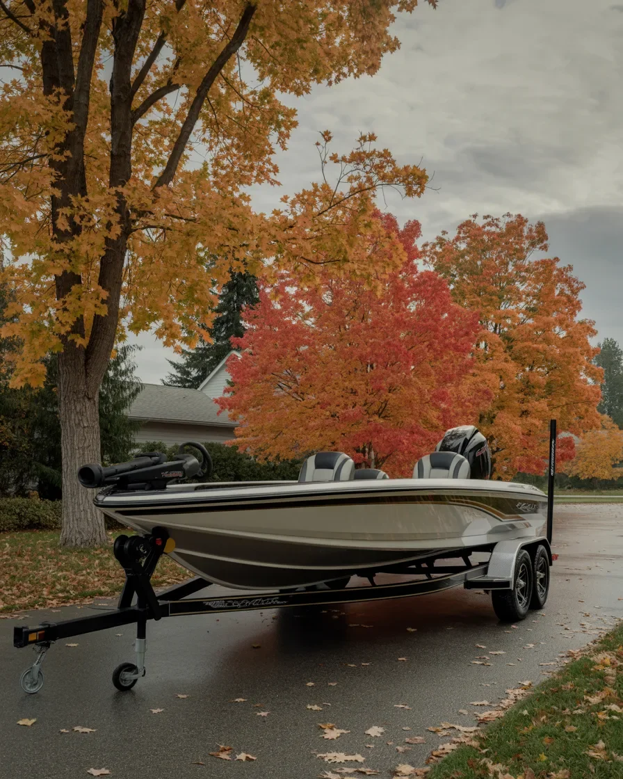 Bass boat ready for winterization service Northern Michigan autumn driveway
