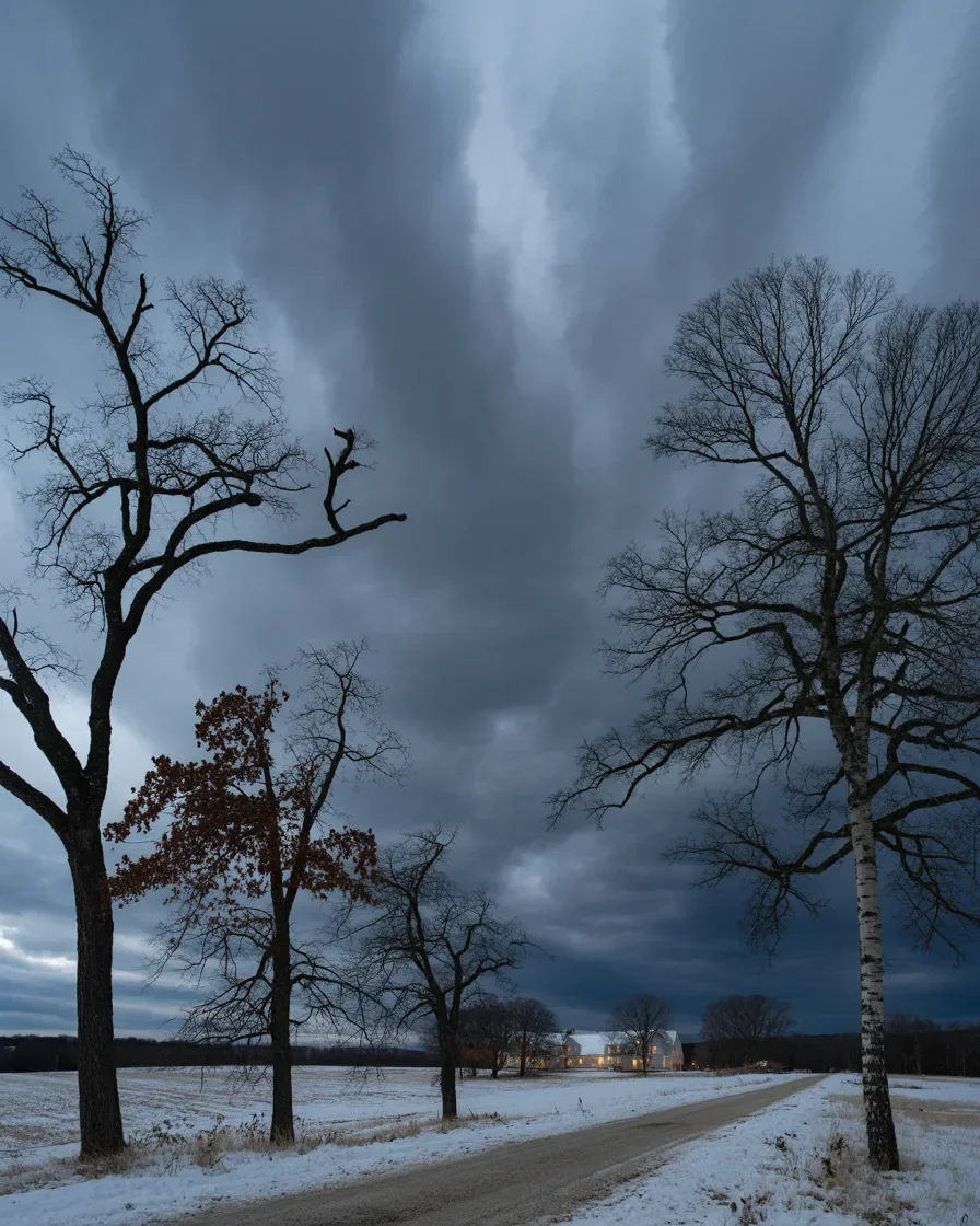 Northern Michigan snowstorm coming dramatic winter sky rural property driveway snow plowing urgency