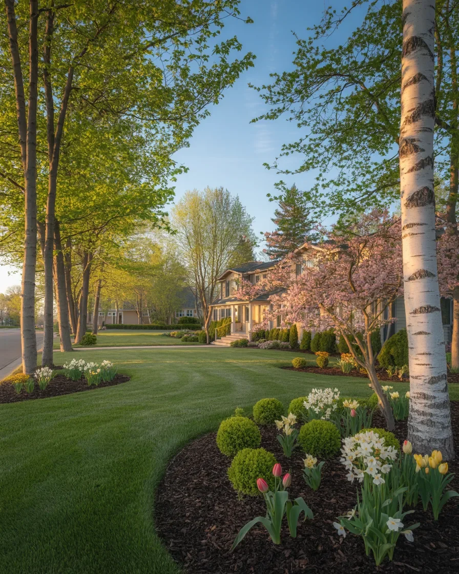 Northern Michigan property fresh spring landscaping mulching CTA green lawn blooming plants immaculate curb appeal