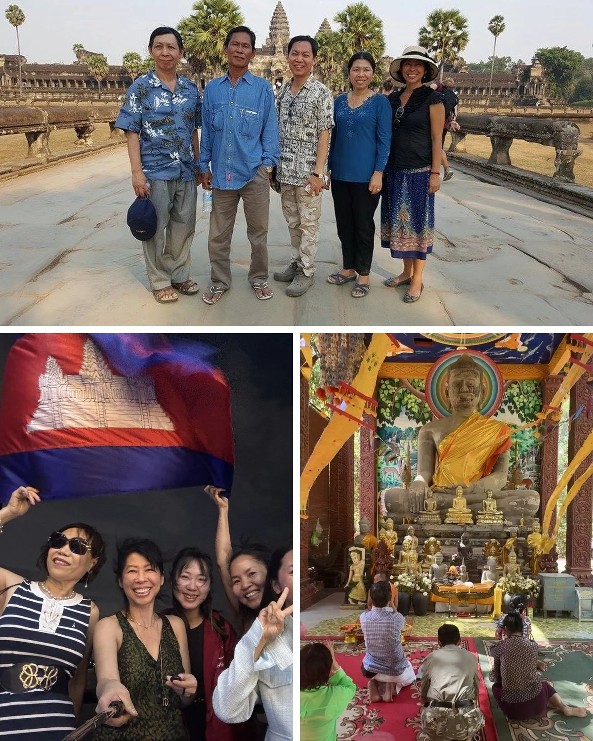 Loung Ung with family at Angkor Wat, with family under the Cambodian flag, and worshippers praying at a Cambodian temple
