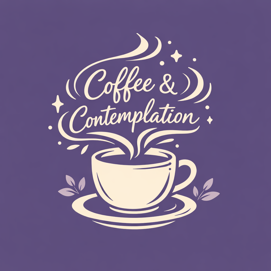 A cup of coffee with the words Coffee and Contemplation on a dark purple background.