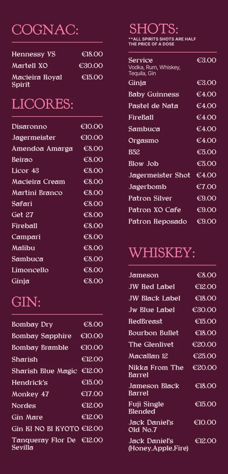 Noitada drinks and cocktails card