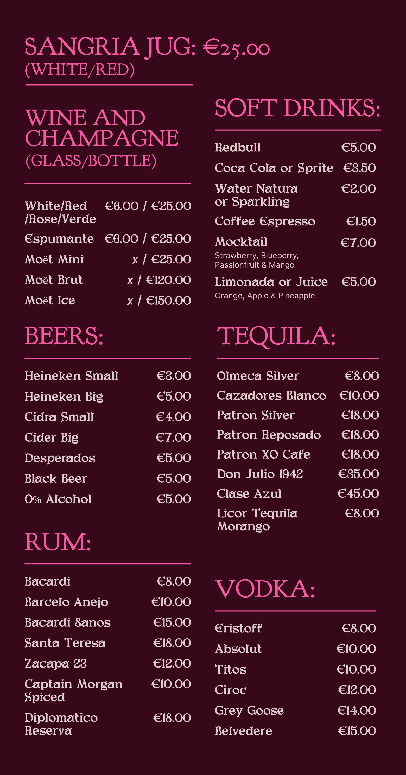 Soft drinks menu at Noitada