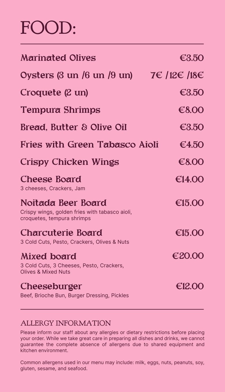 Food menu in Noitada