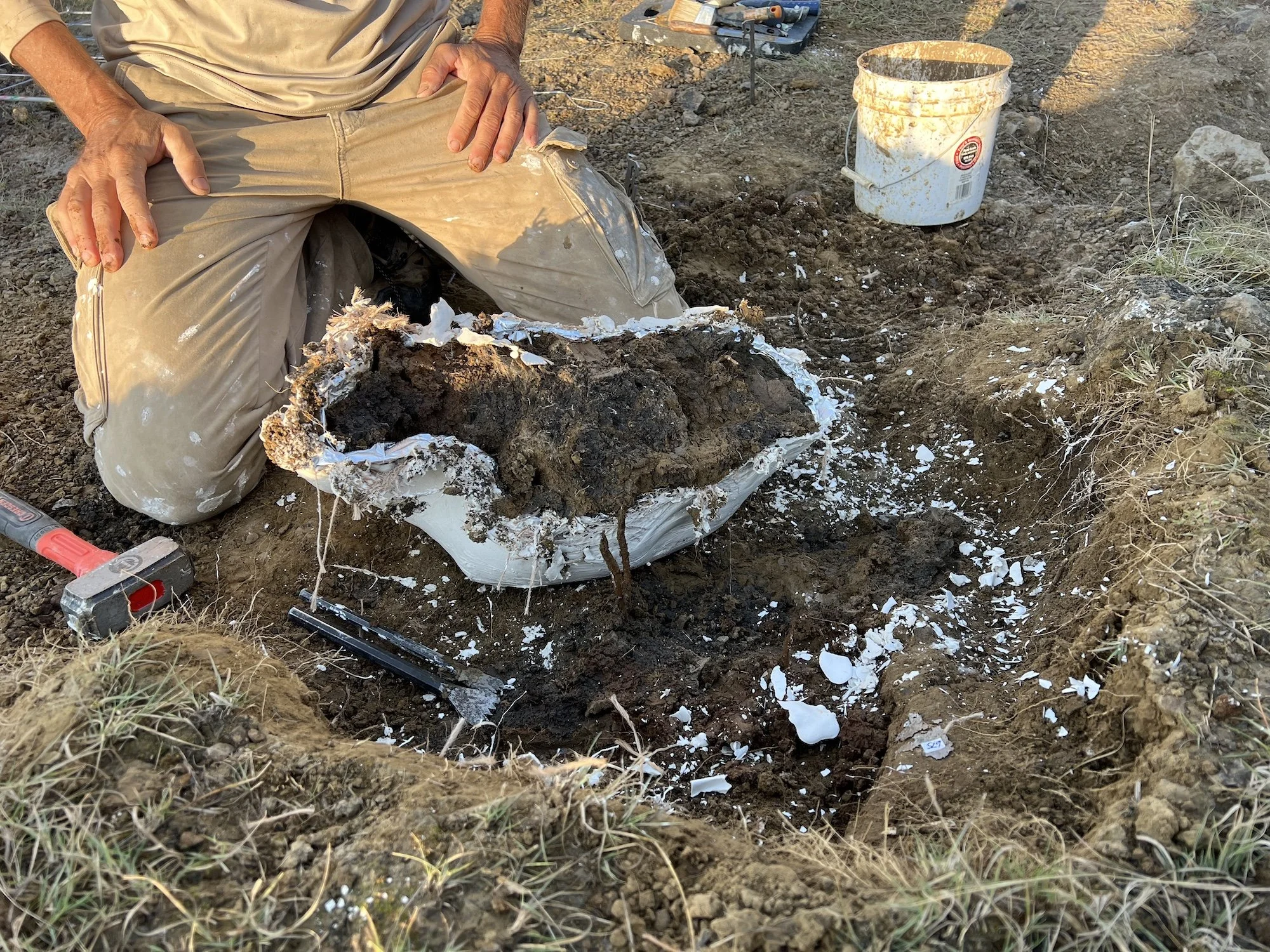 Paleontologist examining a fossil jacket, using tools, outdoors with excavation equipment nearby.