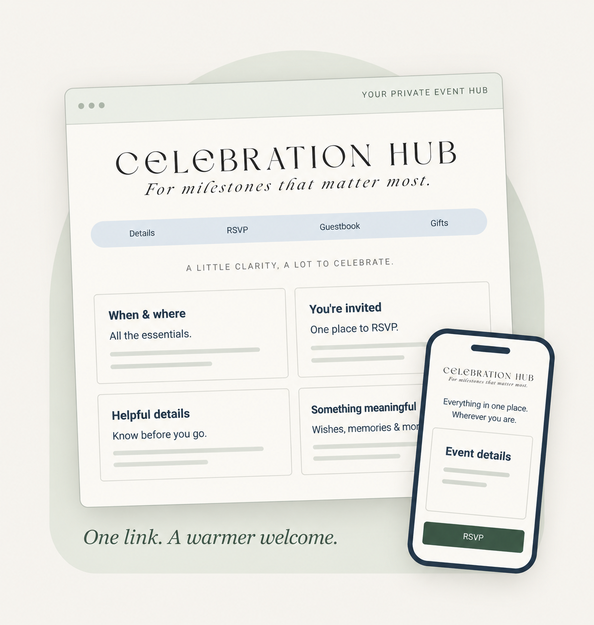 Celebration Event Hub shown on a desktop browser and phone, with event details and RSVP access.