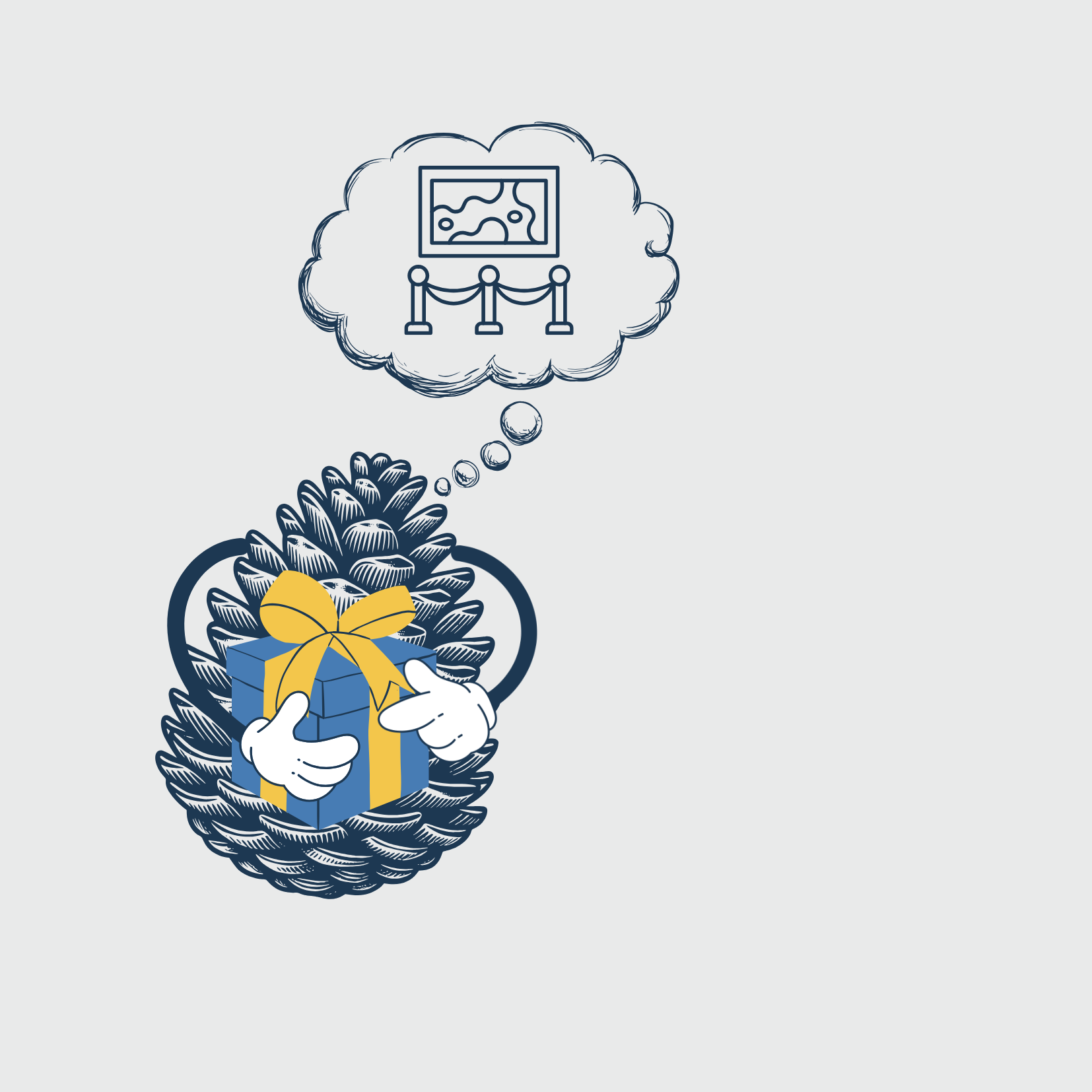 Evergreen pinecone holding a blue gift with a golden bow and imagining a shared museum visit