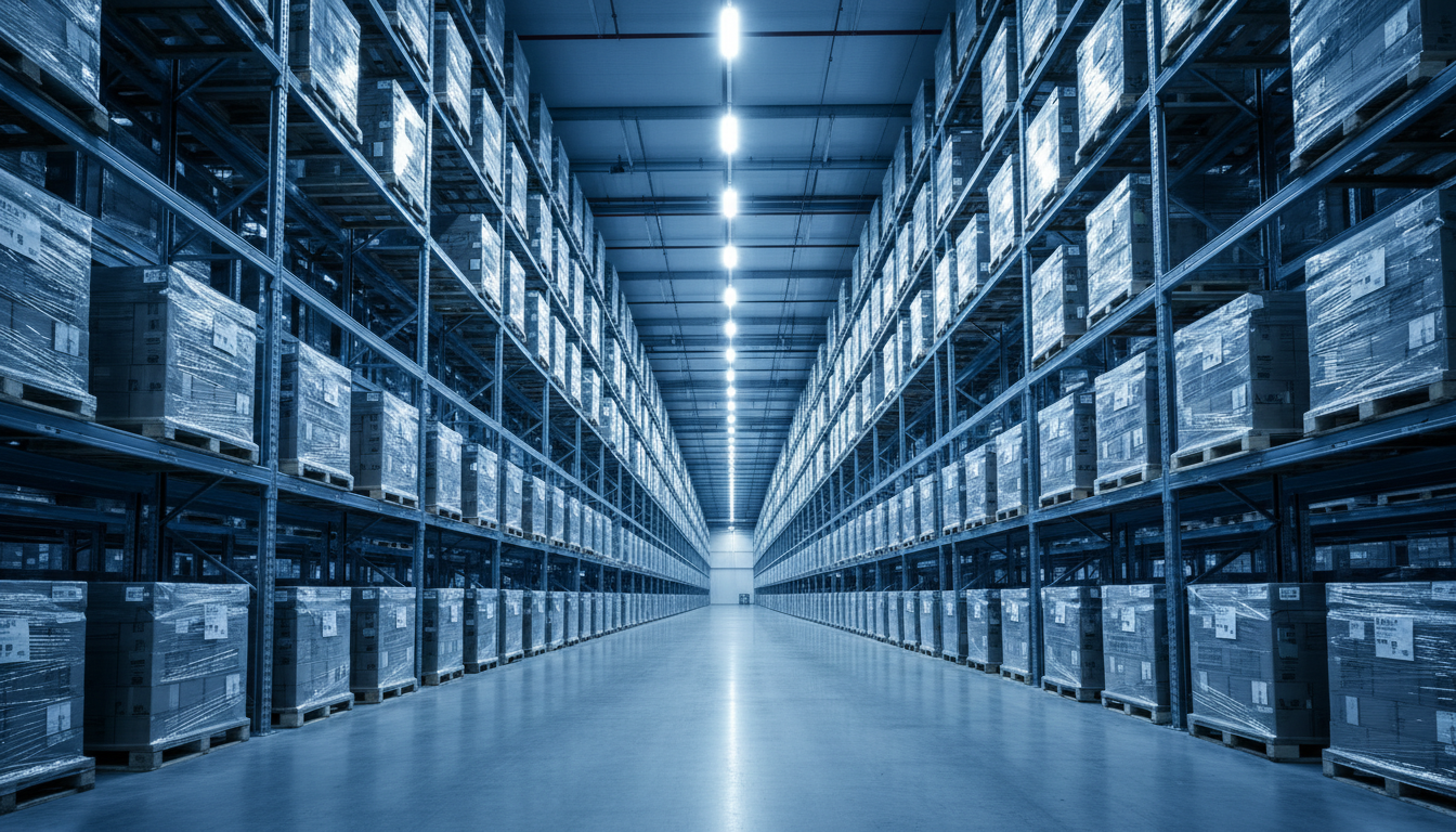 A large warehouse with tall metal shelving filled with pallets of goods, illuminated by bright overhead lights.