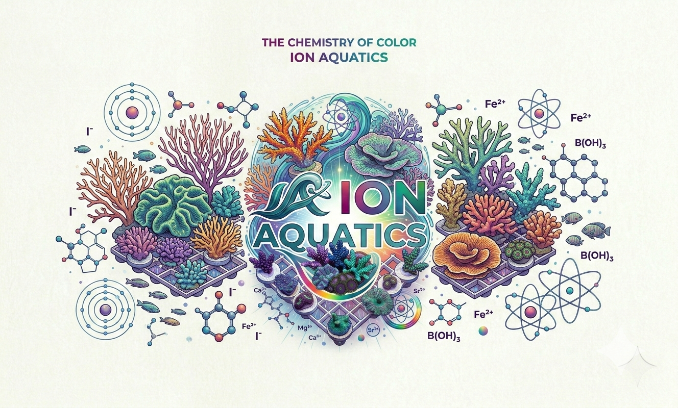 Colorful illustration of coral and marine life with chemical formulas and atoms, featuring the text "The Chemistry of Color - Ion Aquatics" in the center.