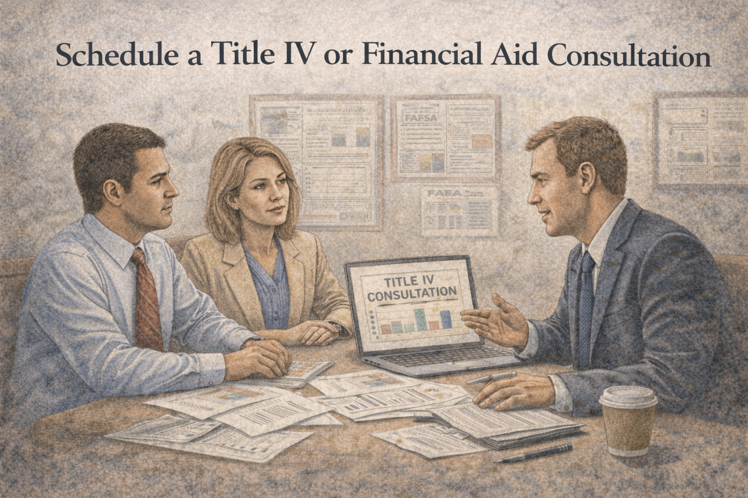 A business meeting with three professionals, two men and one woman, sitting at a table covered with papers and documents. A man in a suit is presenting information on a laptop screen labeled "Title IV Consultation" to the others. The background shows posters and charts related to FAFSA and financial aid.