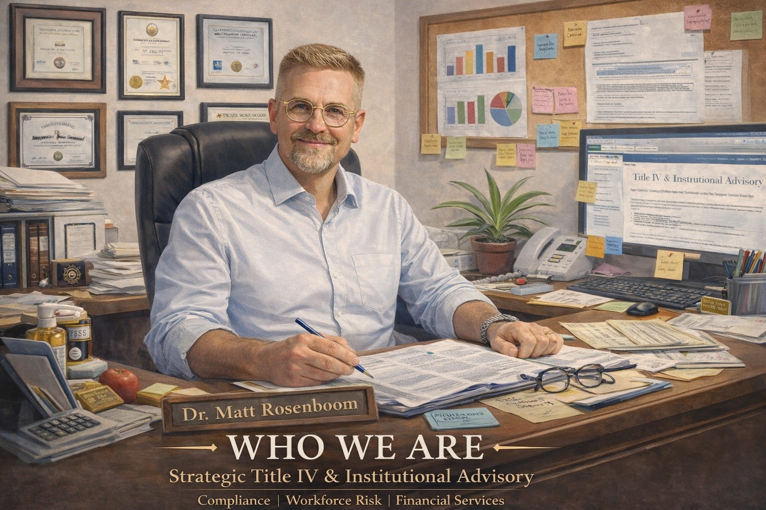 Photo of Dr. Matt Rosenboom sitting at his cluttered office desk, smiling and holding a pen. The desk is filled with papers, glasses, a computer monitor displaying a document titled "Title IV & Instructional Advisory," a plant, and office supplies. The background shows framed certificates on the wall and a bulletin board with charts and sticky notes. A nameplate reads "Dr. Matt Rosenboom." Text overlays include "WHO WE ARE," "Strategic Title IV & Institutional Advisory," and services listed as "Compliance, Workforce Risk, Financial Services."