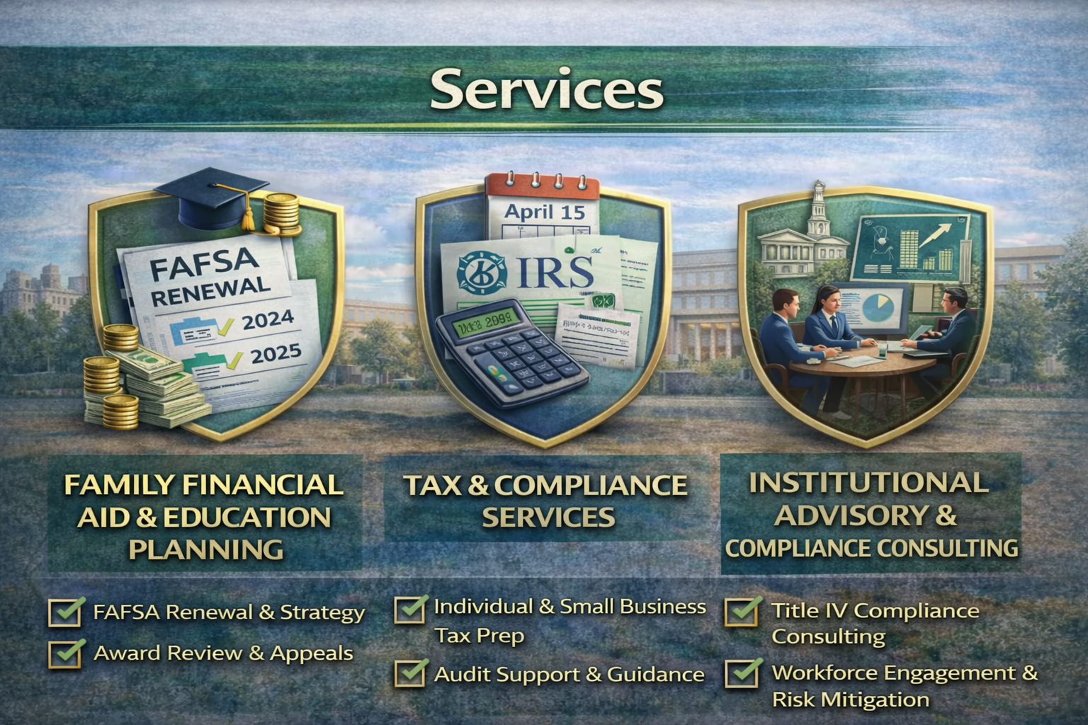 A graphic with three shield icons showcasing the services offered. The first shield is for family financial aid and education planning, with FAFA renewal documents and stacks of money. The second shield represents tax and compliance services with IRS documents and a calculator. The third shield illustrates institutional advisory and compliance consulting with a meeting of three professionals and financial charts. Below, service details include FAFA renewal strategy, award review, tax prep, audit support, title IV compliance, workforce engagement, and risk mitigation.