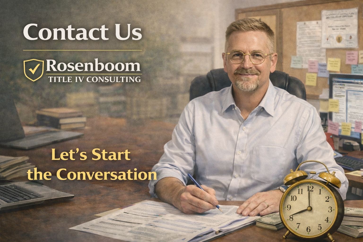 A man with glasses and a beard sitting at a desk surrounded by papers and documents, smiling at the camera, with a large alarm clock in front of him and sticky notes on a corkboard in the background.