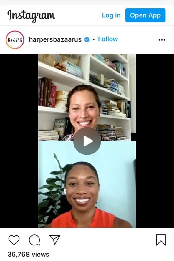 Christy Turlington Burns speaks to Olympic runner Allyson Felix as part of an Instagram Live series on racial injustice, inequality, and the Covid-19 pandemic as part of Harper’s Bazaar’s Summer 2020 “Voices of Hope” issue. View here.